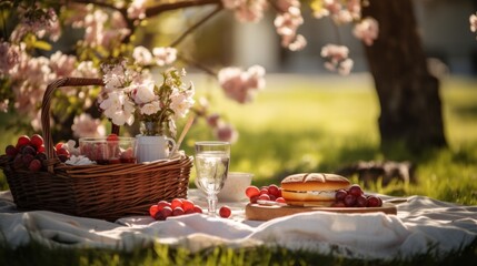 Obraz na płótnie Canvas Spring picnic delight enjoying a relaxing outdoor picnic surrounded by blooming nature