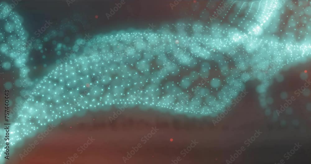 Poster animation of glowing blue particle wave and red light spots moving on dark background