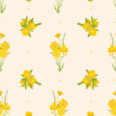 Yellow Buttercups flowers seamless pattern. Liberty style Floral simple spring background for fashion prints, fabric, wrapping paper, wallpaper, textile, cover
