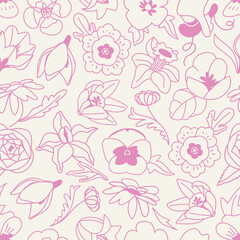 Vector outline spring blossoms seamless pattern. Stylized flower in pink color design for fabric or wallpaper, wrapping paper, cover. Simple botany illustration on beige background - obrazy, fototapety, plakaty