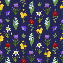 Fototapeta na wymiar Spring Meadow flowers seamless pattern. Crocus, buttercup, snowdrop and Lily of the valley garden vector illustration. For web, print, wrapping paper, wedding invitation card, textile, fabric, decor