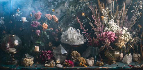 A mystical and sublime Crystal shop with precious stones, dried flowers, and candles in moody lighting. A variety of crystals are on the table including; Alexandrite, Peridot, Beryl, Moldavite.