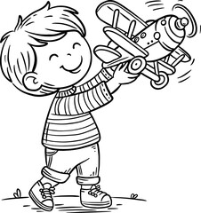Cute cartoon little boy playing with an airplane toy on the outdoors. Outline vector illustration. Coloring book page for children
