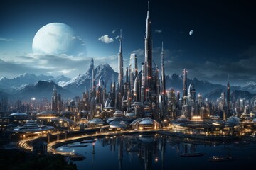 Futuristic city skyline with mountains, a large moon in the sky