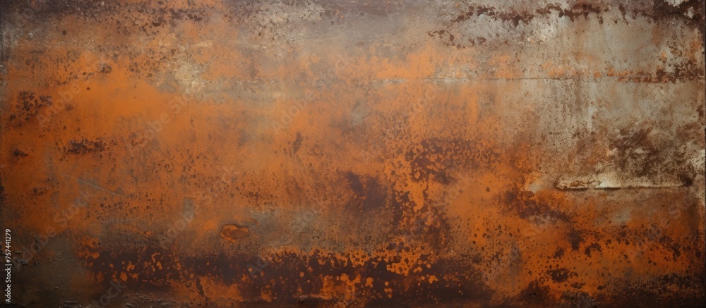 Wall mural A detailed shot of an aging metal surface with visible rust, showcasing intricate patterns and textures against a natural landscape backdrop