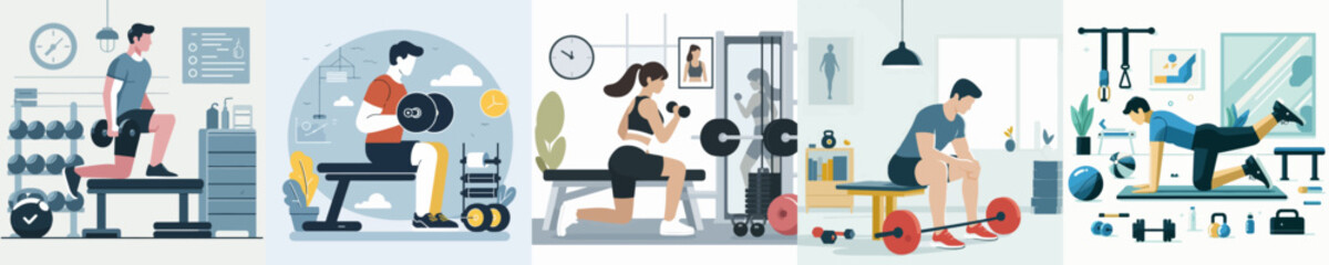 Vector set of people at the gym with a simple and minimalist flat design style
