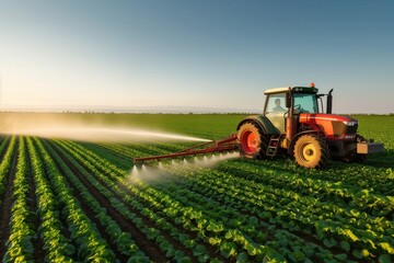 Tractor sprays which protect against pests at a farmer field concept