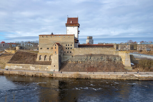 Herman's ancient castle on the river bank. Narva, Estonia