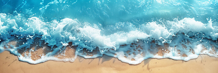 Abstract blue ocean, sand beach and sea foam background. Fresh, cheerful and relaxing summer concept. Aerial view. Web banner.
