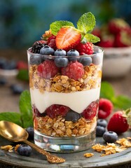 A parfait glass filled with layers of silky panna cotta, fresh berries, and crunchy granola