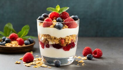 A parfait glass filled with layers of silky panna cotta, fresh berries, and crunchy granola
