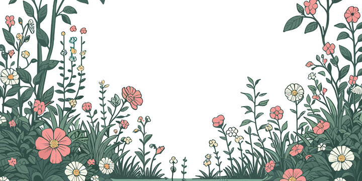 Seamless floral border with flowers and leaves, decorative spring background Vector illustration, generative ai