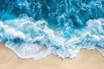 Abstract blue ocean, sand beach and sea foam background. Fresh, cheerful and relaxing summer concept. Aerial view.