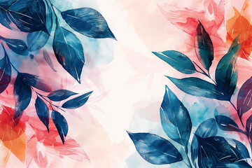 Abstract foliage art watercolor in trendy colors on pastel background. Botanical watercolor hand drawn leaves paint brush design with copy space.