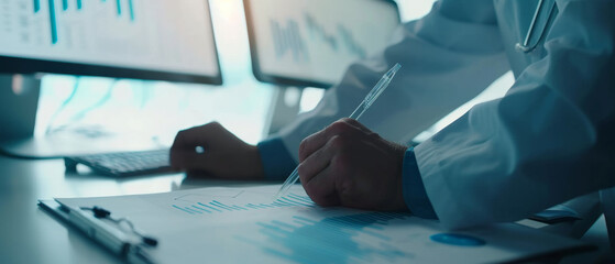 Close-up on a healthcare professional analyzing data charts with concentration and precision.