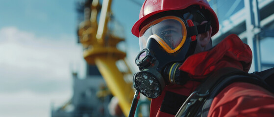A focused offshore worker in a red safety suit and gas mask against industrial backdrop. - obrazy, fototapety, plakaty