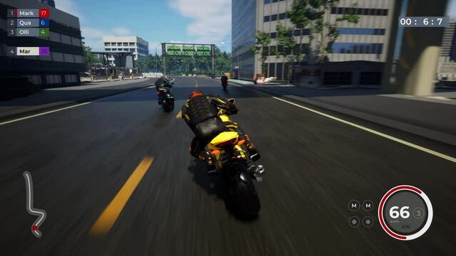 Player controlling the biker on the fast motorcycle in the computer game. Biker player riding a motorcycle in the virtual racing challenge. Biker player winning a mission on a quick motorcycle.