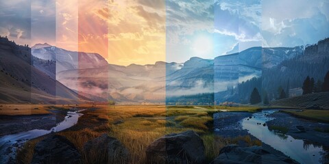 A series of photos of a mountain range with a river running through it - obrazy, fototapety, plakaty