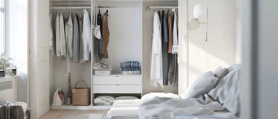 Serene and stylish walk-in closet, showcasing a neat, uncluttered personal dressing space.