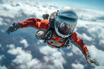 Skydiver glides through clouds at high altitude. Generative AI