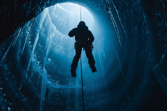 Ice climber descending frozen cave. Generative AI