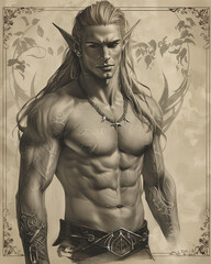 Fototapeta na wymiar pencil portrait of a strong handsome elf - fantasy illustration - generative ai