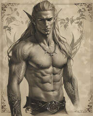 Obraz premium pencil portrait of a strong handsome elf - fantasy illustration - generative ai
