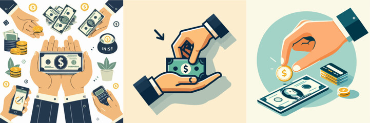 Vector set of hands and money in flat design style - obrazy, fototapety, plakaty
