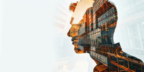 A man's head is shown in a cityscape, with buildings - obrazy, fototapety, plakaty