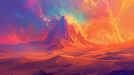 A surreal desert landscape with towering sand dunes and a vivid sunset painting the sky in shades of orange and pink. 