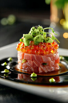 Tuna tartare with caviar and wasabi foam. Generative AI