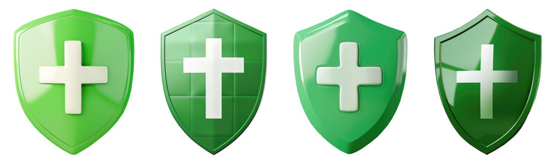 Obraz premium collection green shield with white cross icon 3d isolated on transparent background