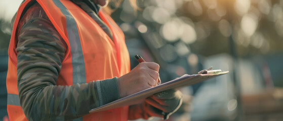 Construction inspector in reflective vest writing on a clipboard at a work site with soft focus. - obrazy, fototapety, plakaty