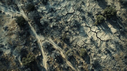 An aerial view of a dry, cracked earth landscape, symbolizing drought and environmental concerns.