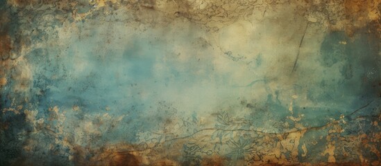 A painting of a natural landscape with cumulus clouds and a pattern of grass and wood, using tints and shades of blue and brown in the background