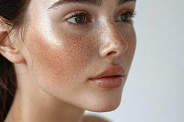 Close-up of woman freckled face. Generative AI