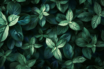 Green foliage abstract pattern background. Dark green moody backdrop for your design with copy space. Eco nature concept.