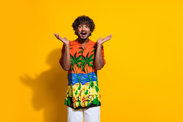 Portrait of speechless stunned guy with afro hairdo wear hawaii shirt raising palms up isolated on vibrant yellow color background