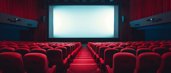 Empty movie theater with red seats and a wide blank screen, ready for a premiere. - obrazy, fototapety, plakaty