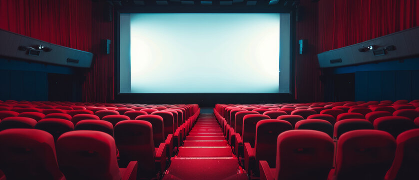 Empty movie theater with red seats and a wide blank screen, ready for a premiere.