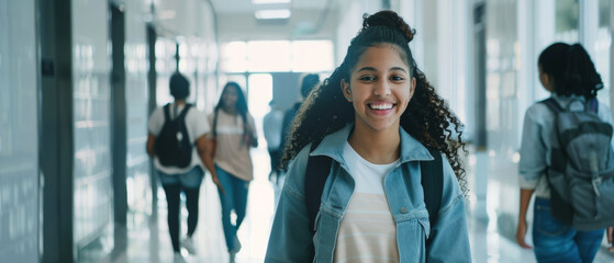 Fototapeta na wymiar Teenage girl with curly hair smiling brightly in a school hallway.