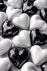 Abstract composition of white and black glossy hearts forming background in flat lay style. Ideal for design projects related to love and romance.