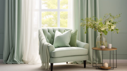 Bright and Airy Corner with Pastel Mint Armchair, Sheer Curtains, and Delicate Floral Arrangement