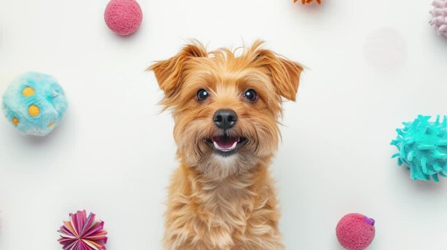 Cute red terrier the background of a variety of bright toys. The dog is surrounded by colorful toys, creating a playful and joyful atmosphere. The image is bright and lively, demonstrating the playful