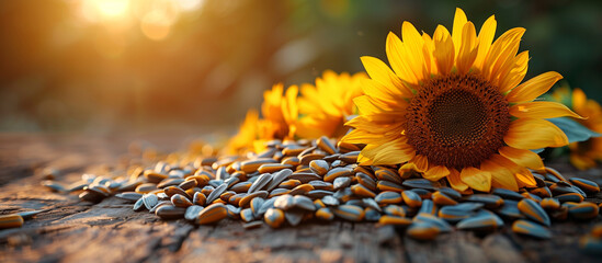 Sunflower flower and sunflower seed harvest on wooden background. Healthy food.