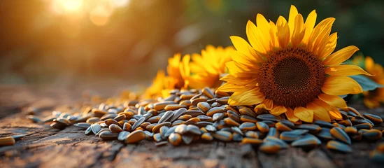 Rolgordijnen Sunflower flower and sunflower seed harvest on wooden background. Healthy food. © elenabdesign