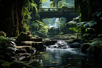 A bridge spans a river amidst jungle vegetation and fluvial landforms - obrazy, fototapety, plakaty