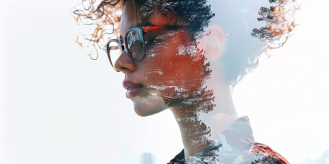A woman with curly hair and glasses is the main focus of the image - obrazy, fototapety, plakaty