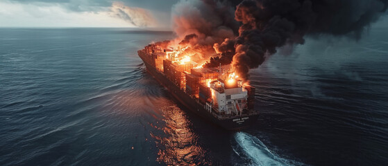 Intense flames engulf a cargo ship at sea, billowing smoke against the dramatic sky.