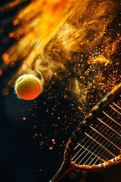 Dynamic image of a tennis ball with fiery trail against a dark, sparkling background. Generative AI